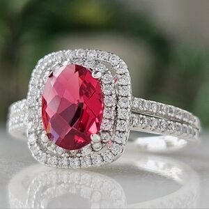 Oval Red Ruby Gemstone Ring, 925 Sterling Silver Charmed Aroma
